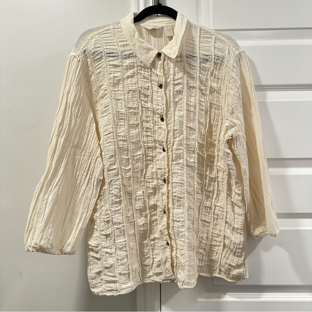 J. Jill Textured Hemp Silk Blend Cream Button-Down Shirt